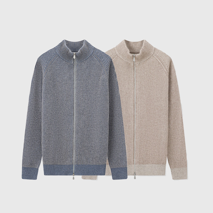 brunello cucinelli double yarn ribbed stand collar full zip wool cardigan